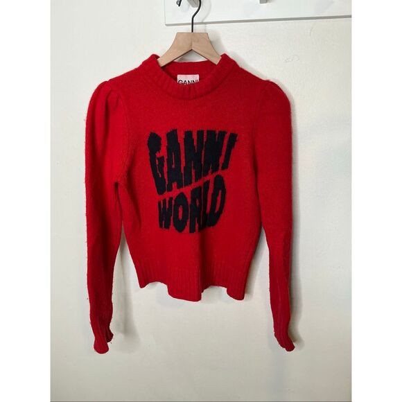 GANNI World Graphic Wool Blend Sweater In Barbados Cherry - Picture 4 of 9